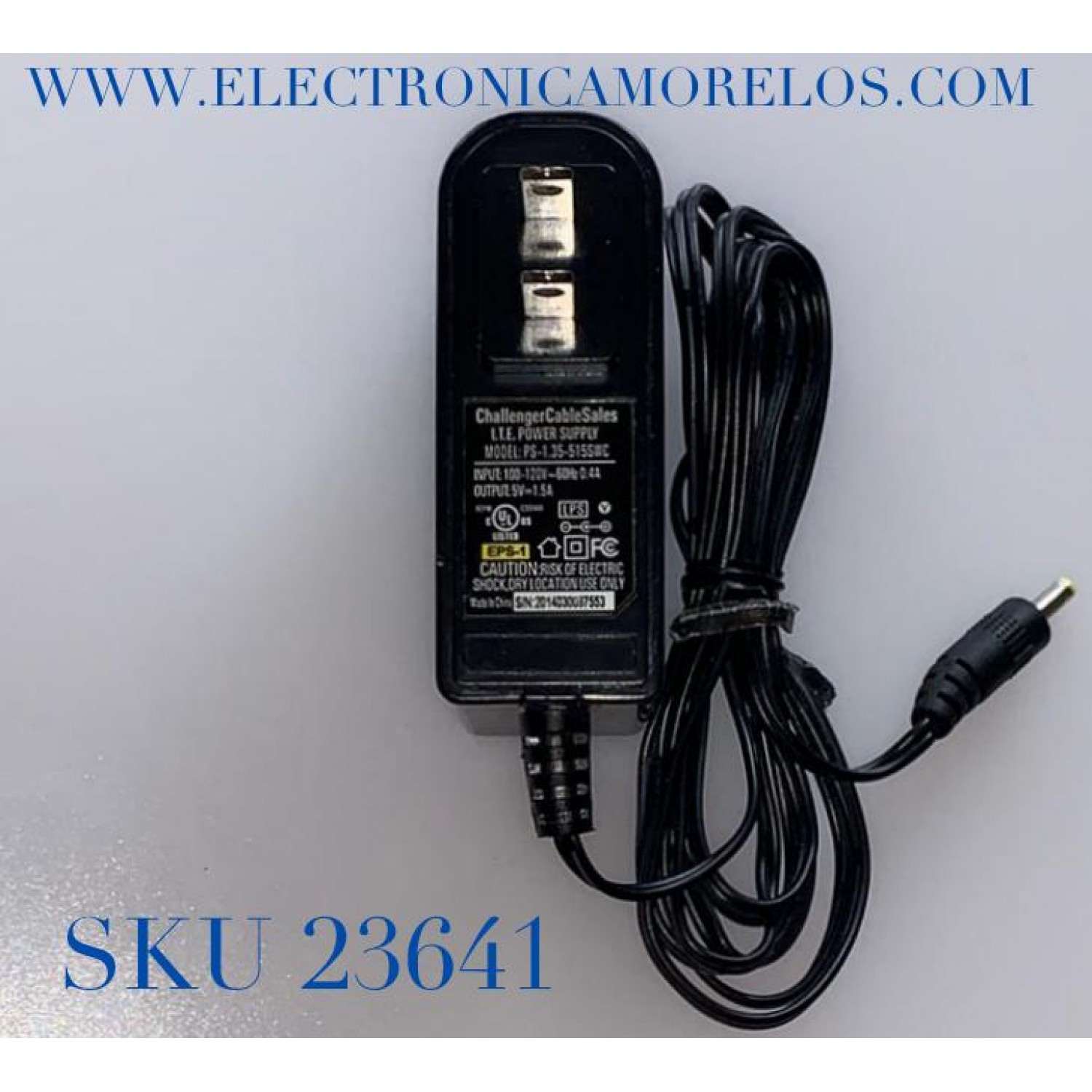 ADAPTADOR CHALLENGER VCA EPS-1 / NUMERO DE PARTE EPS-1 / MODELO PS-1.35-515SWC / ENTRADA VCA 100-120V～50-60Hz .4A / SALIDA VCD 5V-1.5A